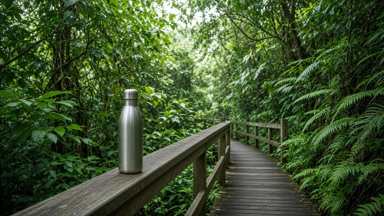 Rainforest boardwalk under a green canopy