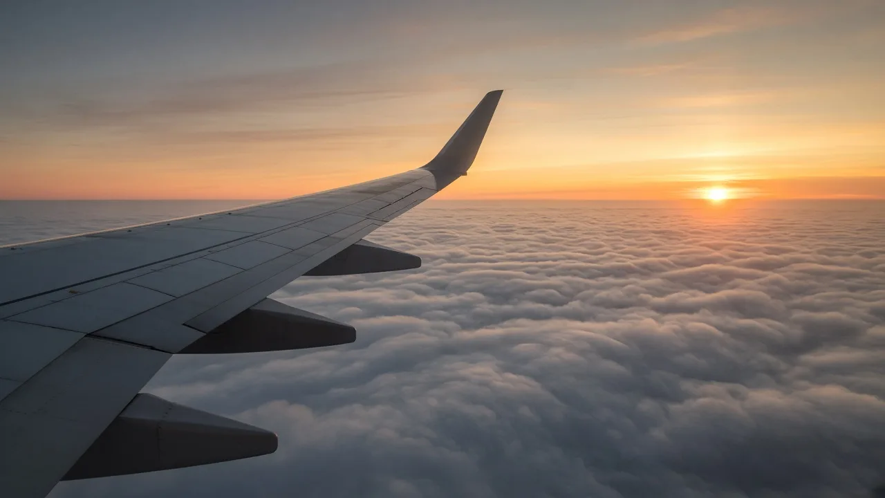 Sunrise view from an airplane window over clouds