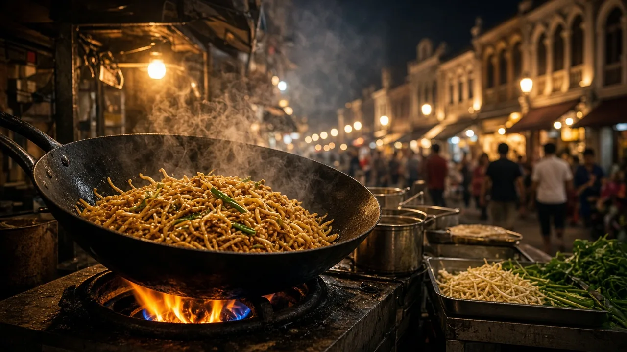 Night hawker stall cooking noodles in George Town