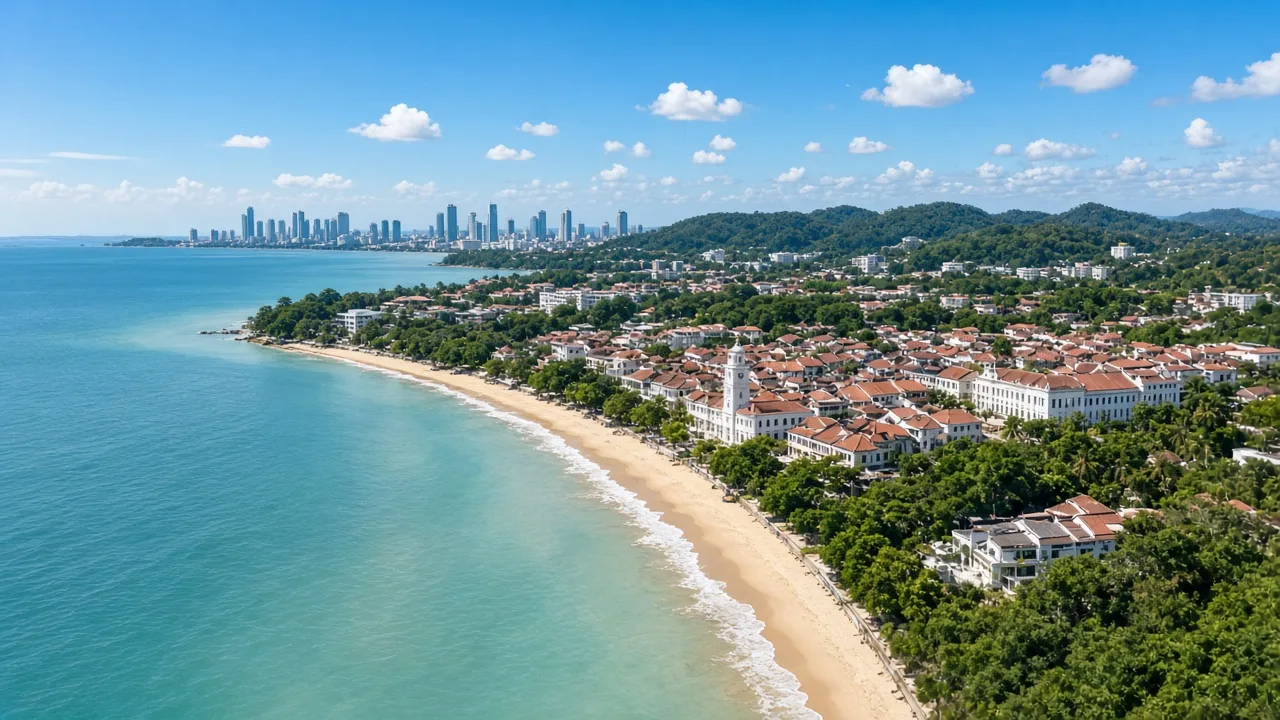 Malaysian coastline with a beach town and distant skyline